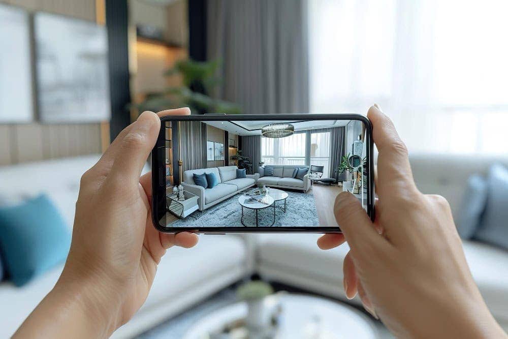 Modern living room with stylish furniture and large windows, captured by a phone.